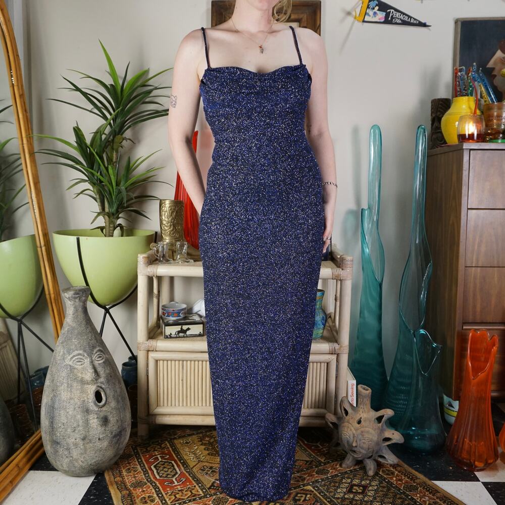 Vintage City Triangles blue sparkle ruched cross back dress